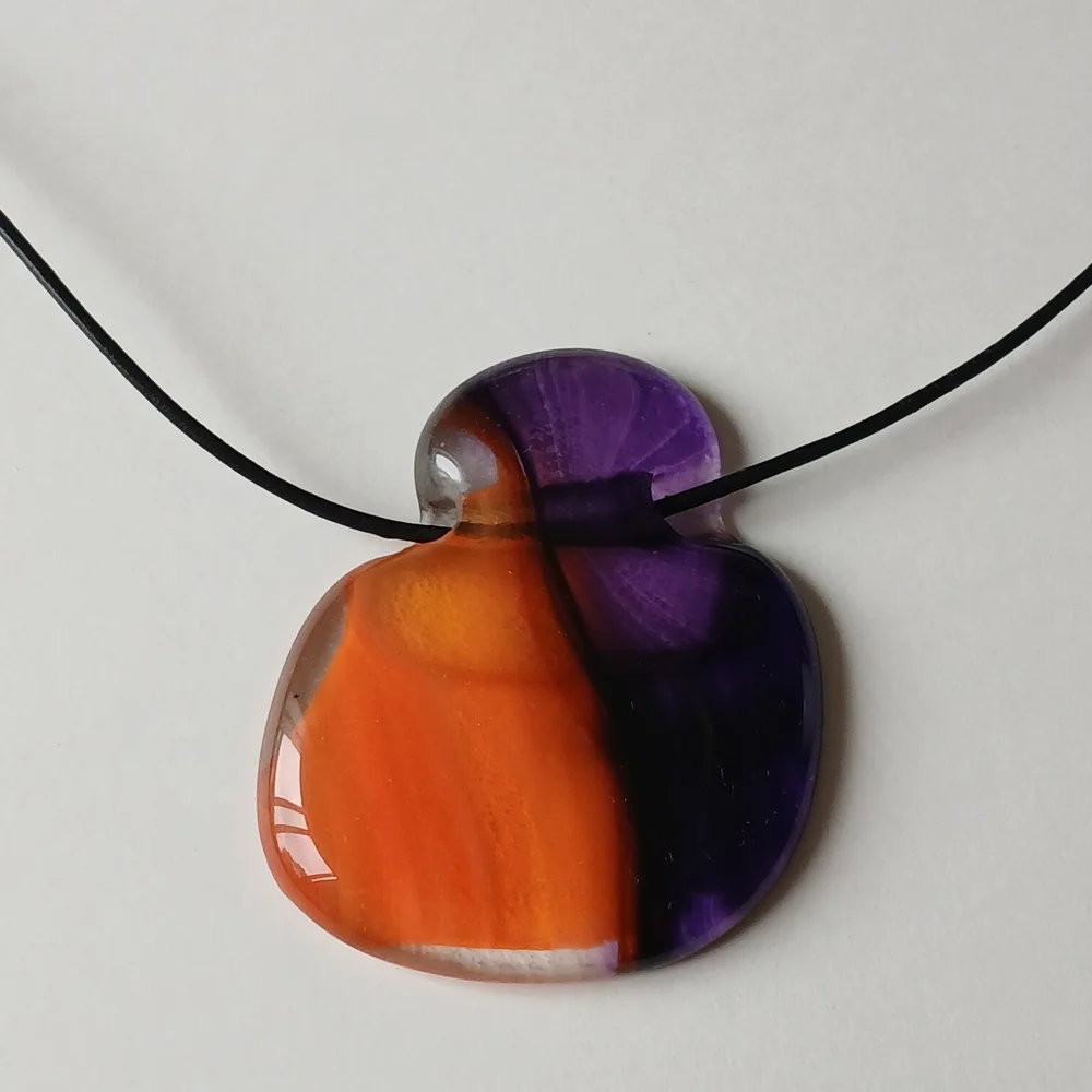 Vng Glass Pendant Orange Purple Unique Bold Statement Necklace on Black Cord 925 - Picture 2 of 8